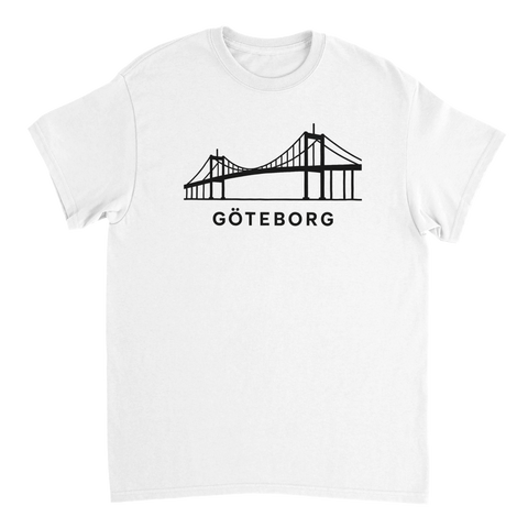 Klassisk vit t-shirt med ett tydligt svart linjetryck av Göteborgs mest kända bro.