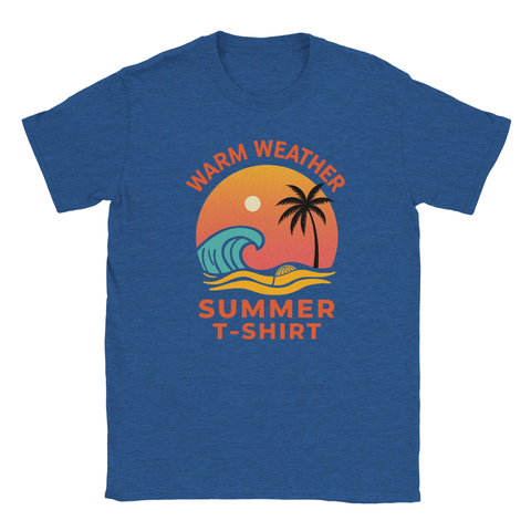 Vintage surf-illustration med solnedgång – grafiskt tryck på blå melerad t-shirt