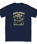 Marinblå t-shirt med Papa Ghost design – grafisk illustration av en mörk påve