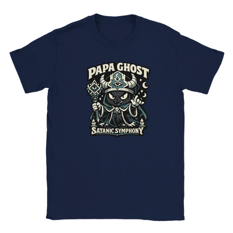 Marinblå t-shirt med Papa Ghost design – grafisk illustration av en mörk påve