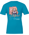 Turkos t-shirt med satirisk chibi-karaktär och japanska kanji-tecken