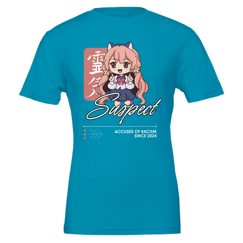Turkos t-shirt med satirisk chibi-karaktär och japanska kanji-tecken