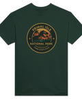 Illustration av en rytande dinosaurie i solnedgång – retro t-shirt