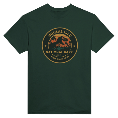 Illustration av en rytande dinosaurie i solnedgång – retro t-shirt