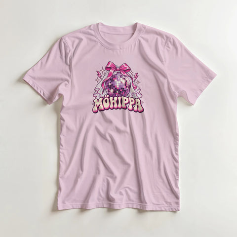 T-shirt med rosa discokula, rosett, brudslöja och texten Möhippa