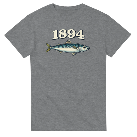 Gråmelerad t-shirt med nostalgiskt fiskmotiv inspirerat av gamla konservetiketter