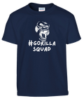 Vitt vrålande gorilla-huvud och text "#GORILLA SQUAD" på marinblå barnt-shirt.