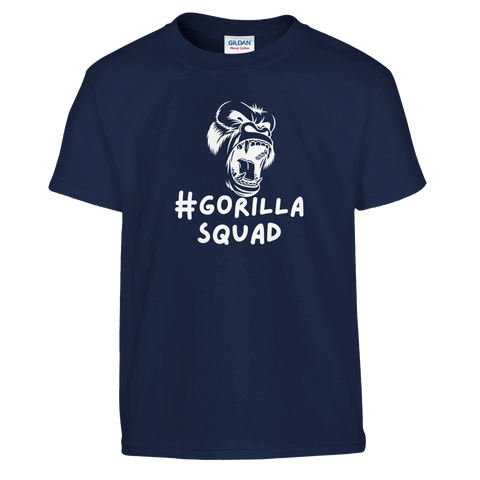 Vitt vrålande gorilla-huvud och text "#GORILLA SQUAD" på marinblå barnt-shirt.