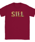 Detaljrik illustration av ordet SILL med fiskar tryckt på vinröd t-shirt