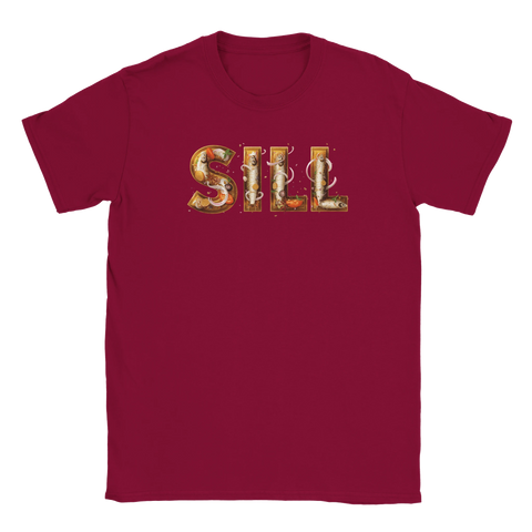 Detaljrik illustration av ordet SILL med fiskar tryckt på vinröd t-shirt