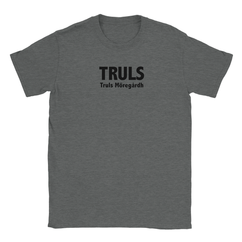 Truls Möregårdh text i svart på mörkgrå t-shirt, sportig design.