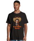 Tecknad häst med cowboyhatt och texten "OLD TOWN ROAD" på svart ekologisk oversized t-shirt.