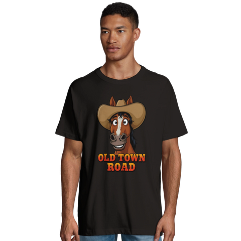 Tecknad häst med cowboyhatt och texten "OLD TOWN ROAD" på svart ekologisk oversized t-shirt.