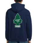 Mörkblå hoodie med grafiskt tryck av en grön doftgran och kaxig text