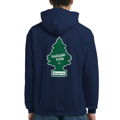 Mörkblå hoodie med grafiskt tryck av en grön doftgran och kaxig text