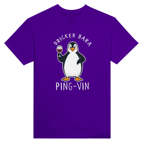 Lila t-shirt med lekfull ordvits och grafisk illustration av en pingvin