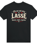 Retro citat-tryck med texten Lasse mannen myten legenden på en t-shirt