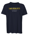 Marinblå t-shirt med guldfärgat texttryck i minimalistisk streetwear-stil