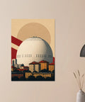 Närbild på väggkonst föreställande Globen i varm färgskala och grafisk stil