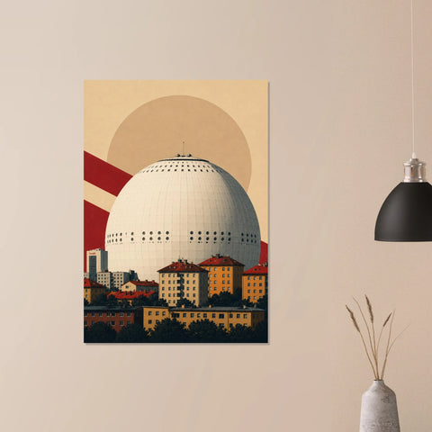 Närbild på väggkonst föreställande Globen i varm färgskala och grafisk stil