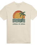 Retroinspirerad illustration av solnedgång och palm på sandfärgad t-shirt