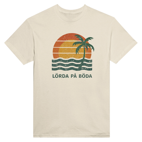 Retroinspirerad illustration av solnedgång och palm på sandfärgad t-shirt