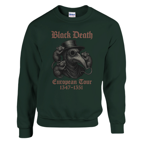 Mörkgrön sweatshirt med illustrerad pestdoktor i klassisk turnéaffisch-stil