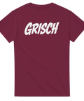 Stilren Grisch-design med retrokänsla på en vinröd t-shirt