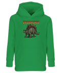 Stegosaurus med solglasögon och text på grön barnhoodie med känguruficka.