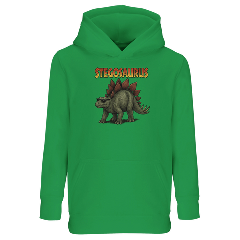 Stegosaurus med solglasögon och text på grön barnhoodie med känguruficka.