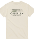 Minimalistisk landskapsvy med böljande fält på en sandfärgad t-shirt