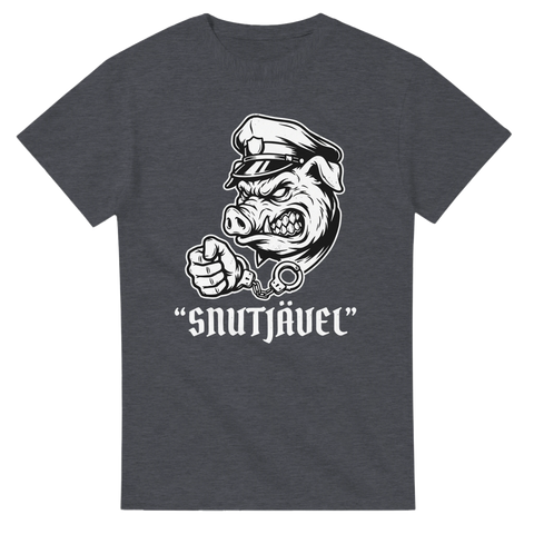 Gråmelerad t-shirt med samhällskritisk illustration och rå attityd
