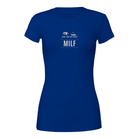 Blå t-shirt med MILF-text och grafiska blinkande ögon