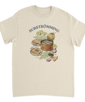 Målad illustration av svensk surströmmingsskiva på naturvit t-shirt