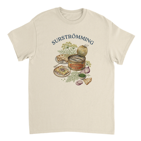 Målad illustration av svensk surströmmingsskiva på naturvit t-shirt