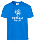 Vitt tryck med gorilla och hashtag-text på klarblå t-shirt för barn