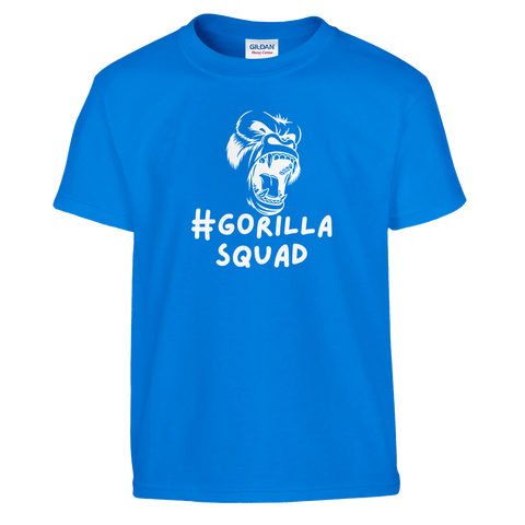Vitt tryck med gorilla och hashtag-text på klarblå t-shirt för barn