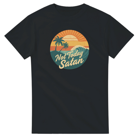 Retro "Not Today Satan" t-shirt med solnedgång, palmer och våg på svart bomullströja.