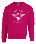Pink sweatshirt with a bee and a text 'bee cool, bee different'
