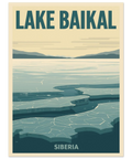 Retro travel poster av Lake Baikal med turkos sprucken is i förgrunden, berg i horisonten och texten Siberia.