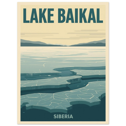 Retro travel poster av Lake Baikal med turkos sprucken is i förgrunden, berg i horisonten och texten Siberia.