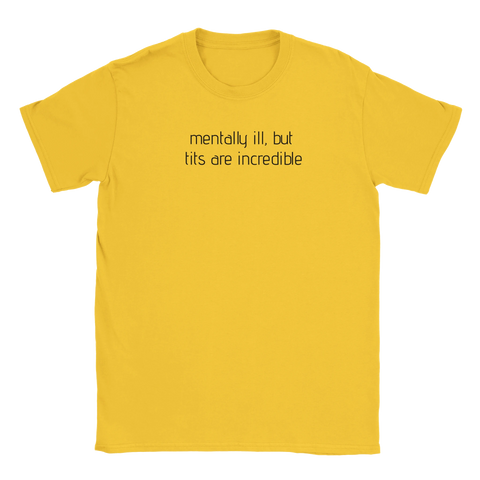 Gul t-shirt med en provocerande textdesign som hyllar självinsikt