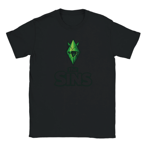 Provokativ t-shirt med texten The Sins och en demonisk grön kristall