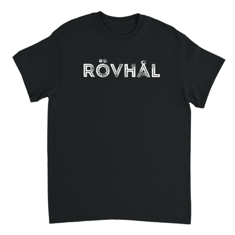 Svart t-shirt med humoristiskt textmotiv Rövhål i vit sliten stil