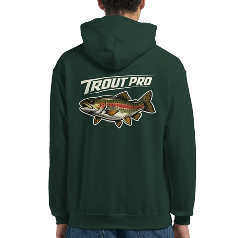 Mörkgrön hoodie med Trout Pro-design och kraftfullt fiskmotiv