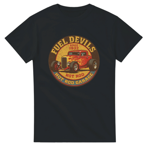 Svart t-shirt med hot rod och texten "Fuel Devils Hot Rod Garage"

