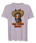 Retroinspirerad design med cowboyhäst och text på ljuslila t-shirt