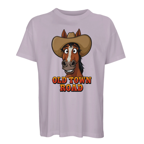 Retroinspirerad design med cowboyhäst och text på ljuslila t-shirt