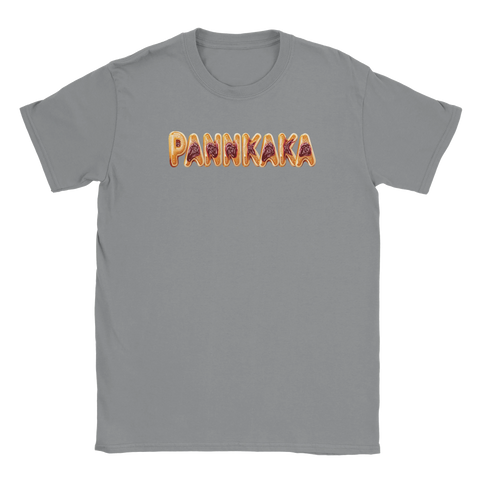 PANNKAKA text med sylt och grädde i 3D-stil på grå t-shirt.