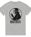 Nosferatu silhuett med långa klor i svart cirkel, text under, på grå t-shirt.